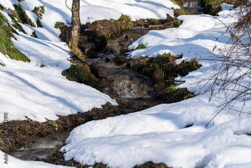 雪の里山・雪が積もった水辺の風景