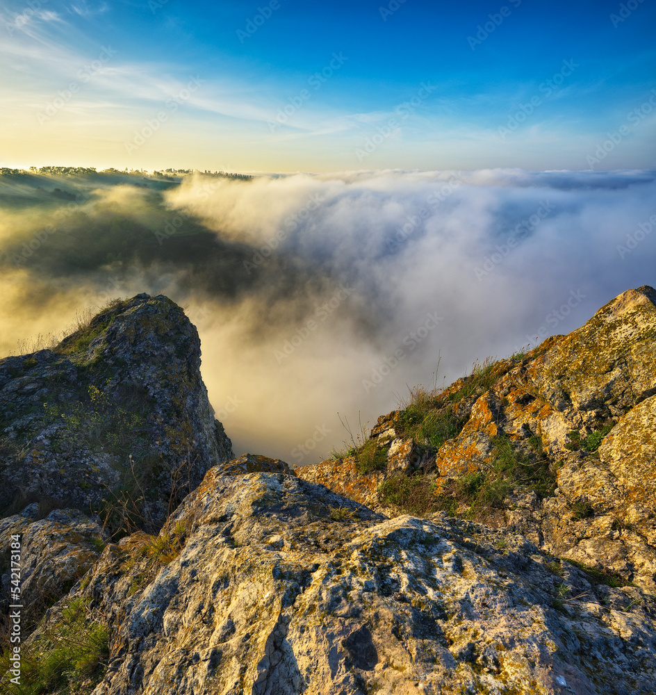 fog in the canyon. Autumn morning in the Dniester river valley. Nature of Ukraine