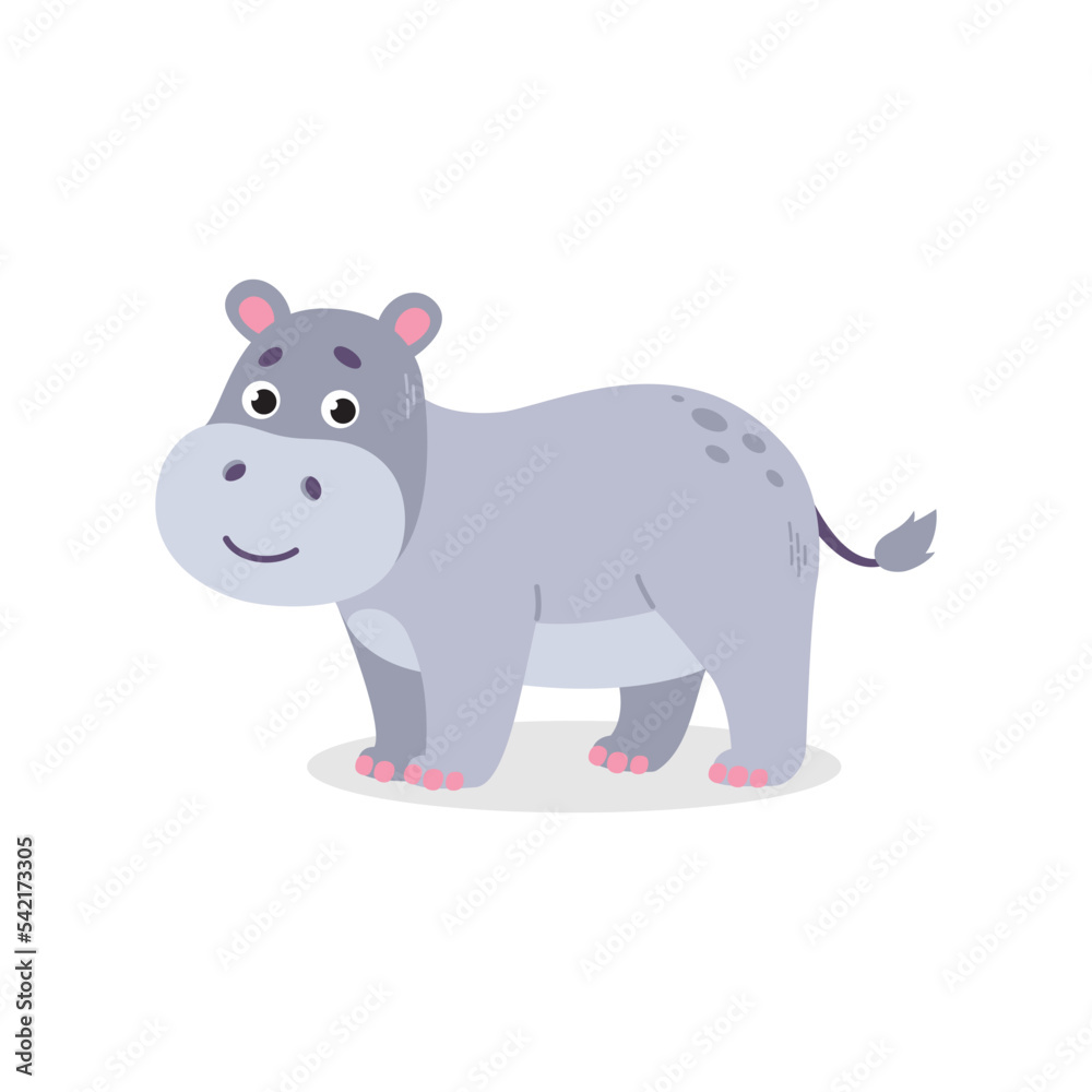 Fototapeta premium Little hippo in doodle style isolated on white. Kids Illustration in flat style. Hand drawn little hippo vector illustration. Cartoon hippopotamus vector print.