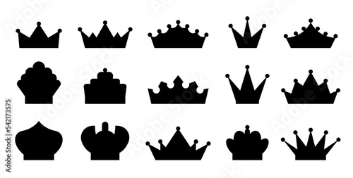 Crown black heraldic silhouette set. King award crowns emperor sign. Kingdom luxury monarch element. Queen power isolated emblem. Royal princess heraldic symbol. Prince lord vintage medieval icon