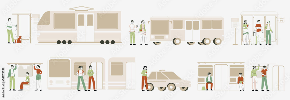 People waiting public transport, tram, bus stop metro train. Bus station passengers, urban city transportation, taxi cab and train flat vector illustration set. Public transport passengers People waiting public transport, tram, bus stop metro train. Bus station passengers, urban city transportation, taxi cab and train flat vector illustration set. Public transport passengers