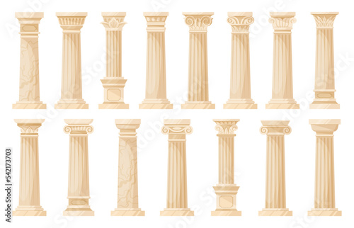 Cartoon temple ancient columns, greek cartoon pillars. Corinthian, ionic and doric ornaments, antique colonnade decoration flat vector illustration collection. Ancient greek columns set