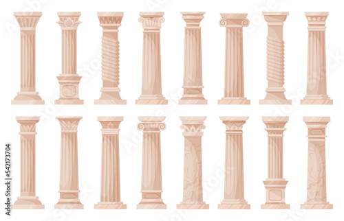 Roman pillars, cartoon antique architecture columns. Ancient greek ionic and doric ornamented pillars flat vector illustration collection. Greek classic column set
