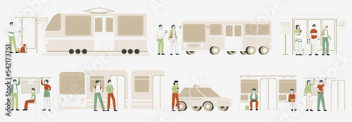 People waiting public transport, tram, bus stop metro train. Bus station passengers, urban city transportation, taxi cab and train flat vector illustration set. Public transport passengers