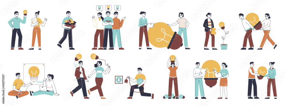 People with great ideas, business people searching idea. Flat creative brilliant ideas light bulb metaphor, great idea generating symbols illustration set. Business solutions scenes collection People with great ideas, business people searching idea. Flat creative brilliant ideas light bulb metaphor, great idea generating symbols illustration set. Business solutions scenes collection