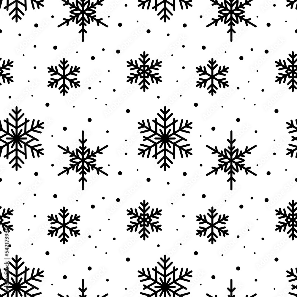 Snowflake black line seamless pattern. Winter ornate ice star background. Linear snow flakes repeat ornament. Xmas paper wrap, fabric print, wallpaper decor. Frosty Christmas New Year wrapping paper Snowflake black line seamless pattern. Winter ornate ice star background. Linear snow flakes repeat ornament. Xmas paper wrap, fabric print, wallpaper decor. Frosty Christmas New Year wrapping paper