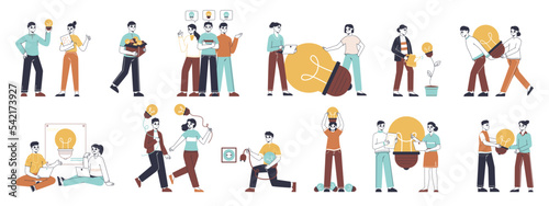 People with great ideas  business people searching idea. Flat creative brilliant ideas light bulb metaphor  great idea generating symbols illustration set. Business solutions scenes collection
