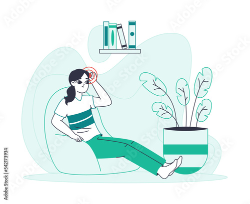Sick girl suffering from headache, sick woman at home. Female patient with pain and cold, unhappy tired person шn armchair flat vector illustration. Woman with headache