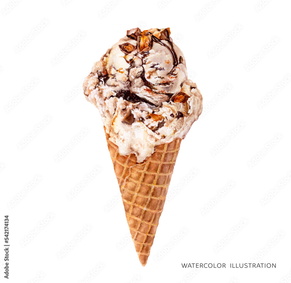 Watercolor illustration of ice cream cone isolated on white background. Full waffle cone with a scoop of vanilla ice cream with peanut butter and chocolate Watercolor illustration of ice cream cone isolated on white background. Full waffle cone with a scoop of vanilla ice cream with peanut butter and chocolate