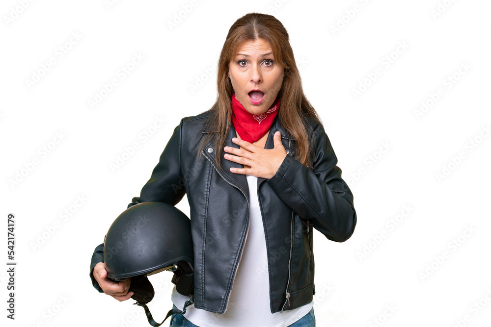 Middle-aged caucasian woman with a motorcycle helmet over isolated background surprised and shocked while looking right Middle-aged caucasian woman with a motorcycle helmet over isolated background surprised and shocked while looking right