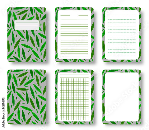 Tropical notebook cover and lined pages set. Eucalyptus leaves pattern with copy space gridded sheet template for annual notepad brochure copybook diary. Floral exotic planner booklet journal print