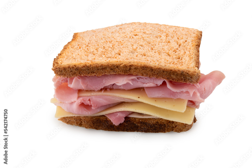 Sandwich with ham and cheese, wholemeal bread with slices of edamer and ham isolated on white, clipping path Sandwich with ham and cheese, wholemeal bread with slices of edamer and ham isolated on white, clipping path
