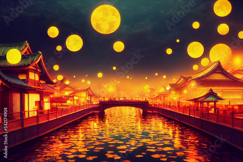 Fantasy artwork of Lanterns in the night city. Digital artwork.