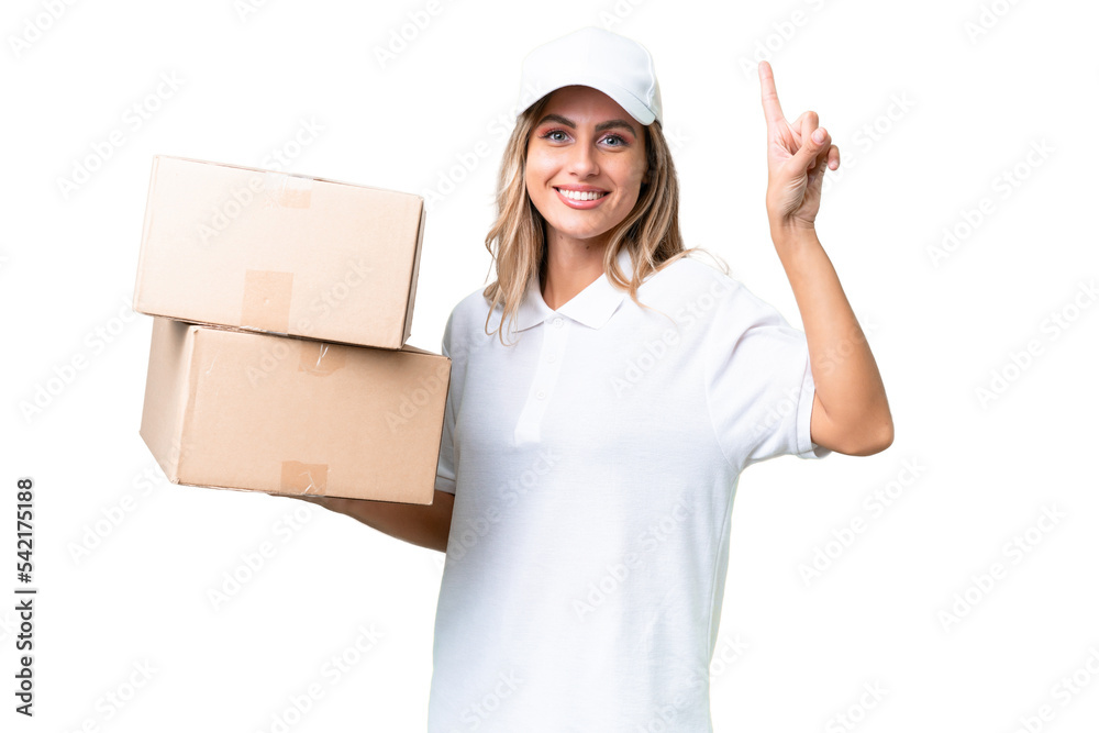 Delivery Uruguayan woman over isolated background pointing up a great idea Delivery Uruguayan woman over isolated background pointing up a great idea