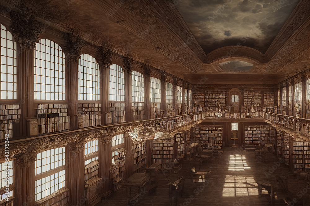 3d illustration of dark antique library with old shelving with shelves full of books