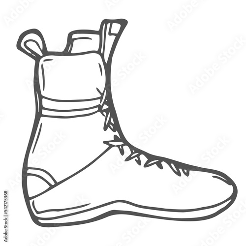 Boxing Shoe. Ink black and white doodle drawing in woodcut style.