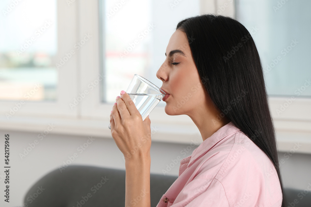 Beautiful young woman drinking water indoors, space for text. Refreshing drink Beautiful young woman drinking water indoors, space for text. Refreshing drink