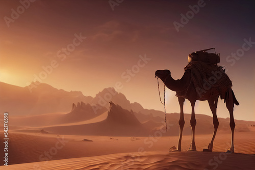 3d illustration of a lonely camel in the desert in Egypt at sunset photo