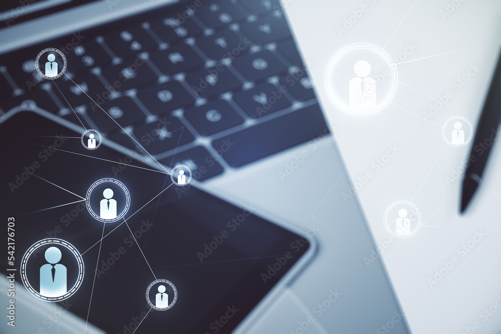 Double exposure of social network icons concept with modern laptop on background. Marketing and promotion concept Double exposure of social network icons concept with modern laptop on background. Marketing and promotion concept
