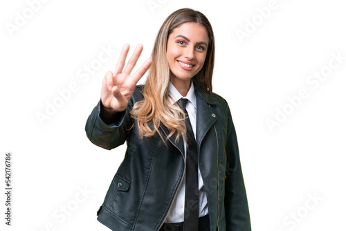 Business pretty Uruguayan woman wearing a biker jacket over isolated background happy and counting three with fingers