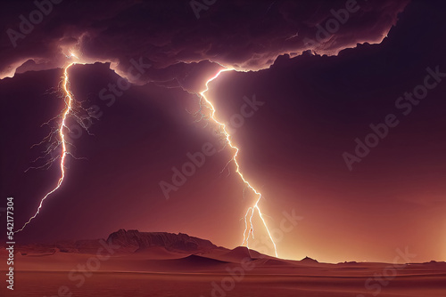 3d illustration of climate change in desert lightning storm with thunder