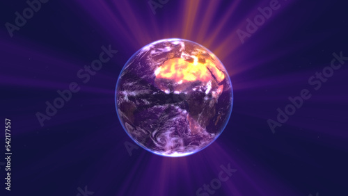 earth globe with glowing details and light rays. 3d illustration.