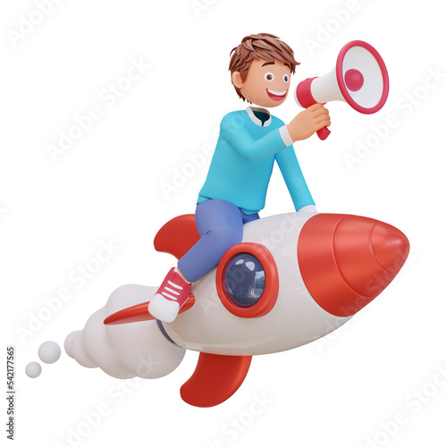 3d student character is flying on a rocket