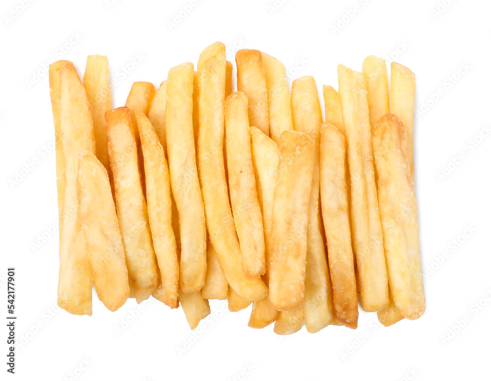 Delicious fresh french fries on white background, top view Delicious fresh french fries on white background, top view
