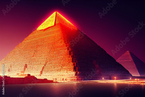 3d illustration of Egyptian pyramids in sand desert and clear evening sky at sunset