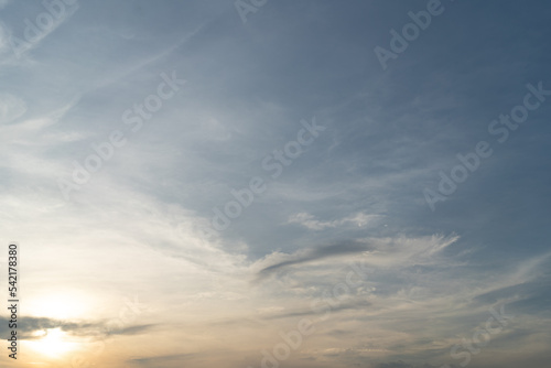 Beautiful ray of orange sun cloud blue sky nature sunset at horizon background.Yellow sunlight evening view twilight sky. Colorful tranquil scene idyllic reflection. Cloudscape wallpaper.