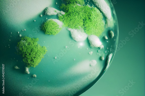 3d illustration of small green and blue planet with water drop