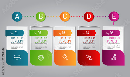 business infographic 3 d, 5 steps, Glass design, square style, can be used for workflow layout, diagram, annual report, web design.Creative banner, label vector, Banner design.