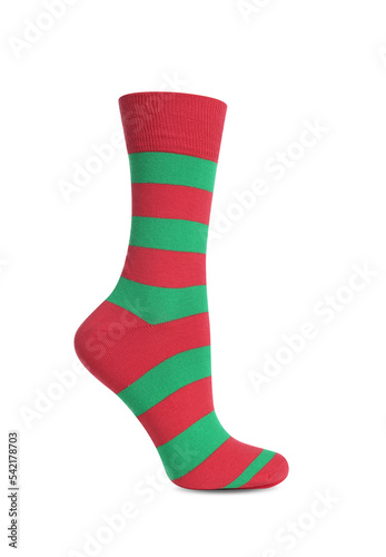 One red and green striped sock isolated on white