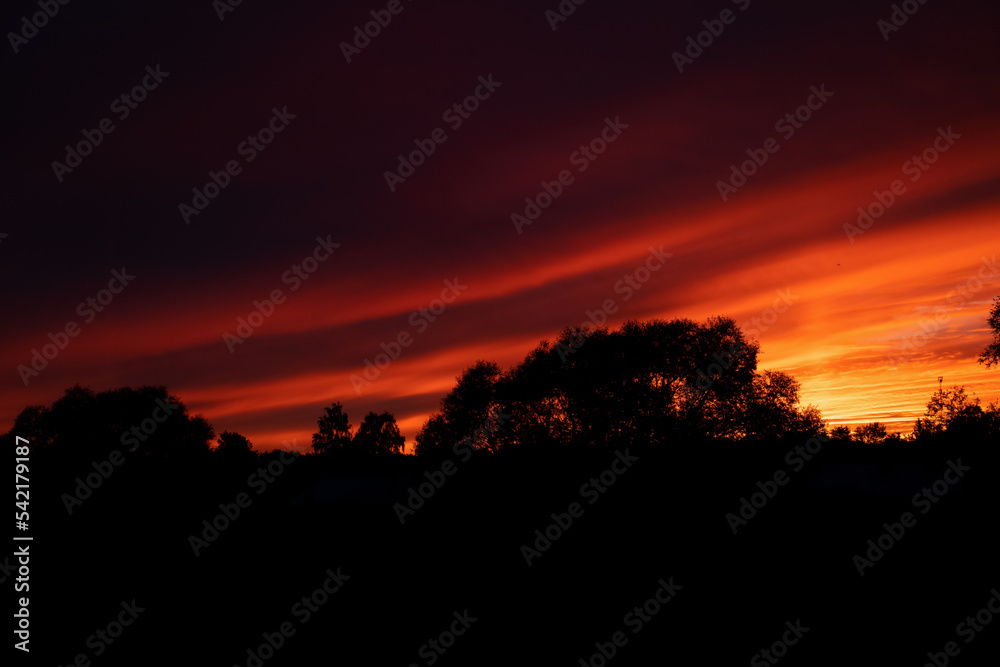 Orange and scarlet sunset in nature. The setting sun over the horizon