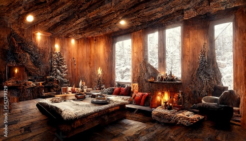 Valokuva Mountain resort for hunters wooden cabin illustration