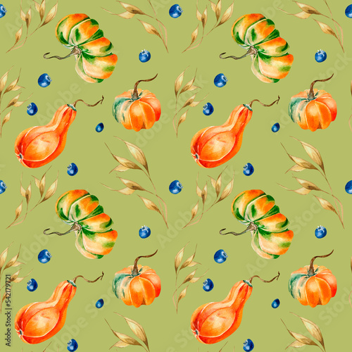 Pumpkins, spikelet, blueberry watercolor seamless pattern on green.