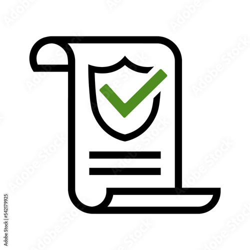 Insurance policy icon in flat design. Business document with protect symbol isolated on white. Contract with shield icon in black. Simple abstract report sign Vector design for web site, UI, mobile ap