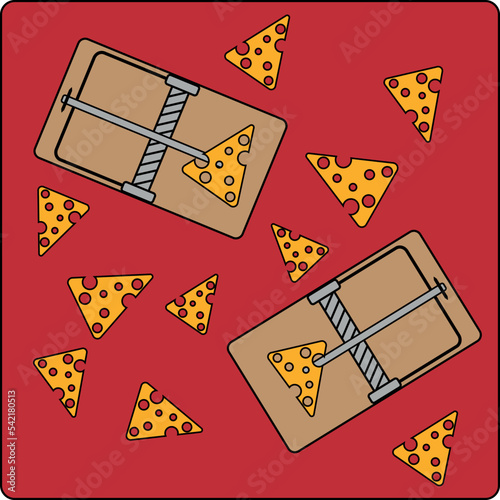 Mousetrap. Cheese lure. Animal trap flat design, vector