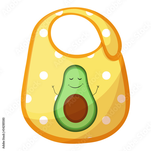 Baby item icon in realistic design. Image of yellow polka dot bib with drawn fruit for child eating. Kids apron with pattern of smile green avocado. Vector illustration isolated on white background
