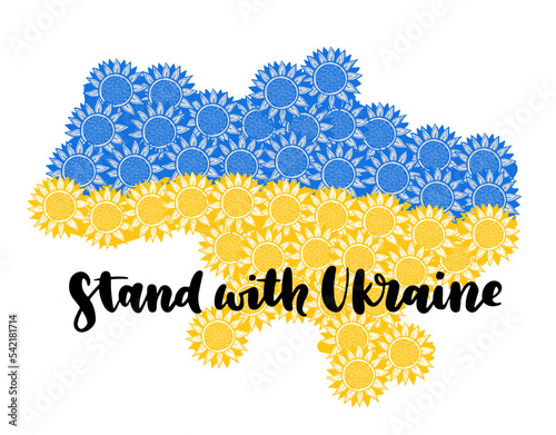 Floral map of Ukraine. Blue and yellow sunflowers. Hand drawn vector Illustration. Support Ukraine concept.
