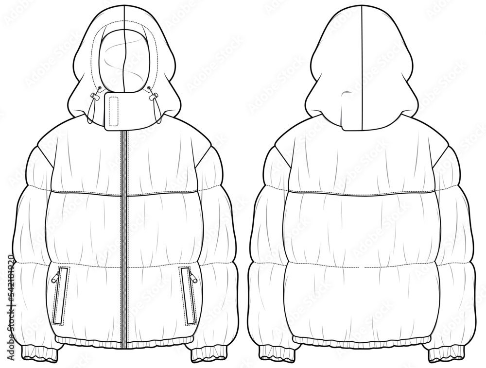 Vetor de Hooded Puffer jacket design flat sketch Illustration front and  back view vector template, Quilted Hoodie Puffa winter Jacket for men and  women do Stock | Adobe Stock