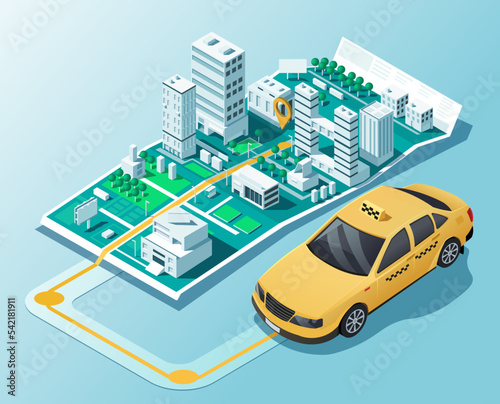 Isometric city map with route for taxi service. Web tracking system for delivery in town. Yellow taxi cab drive to point in location cityscape. Online order a taxi transportation. Vector illustration
