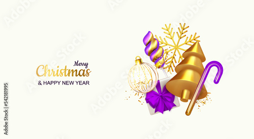 Merry Christmas and Happy New Year isolated on white background. Abstract golden tree, ornate ball, gift with purple bow. Greeting card decorating bauble, gold snowflake, lollipop. Vector illustration