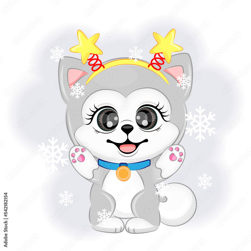 Cute dog Alaskan Malamute Christmas or New Year vector illustration
