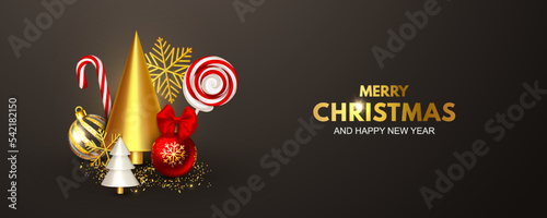 Merry Christmas and Happy New Year black background. Banner with golden abstract tree, ornate balls, sparks. Holiday greeting card decorating baubles, gold snowflakes, lollipop. Vector illustration