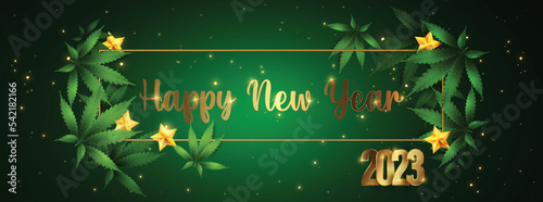 Happy New Year 2023 - New Year Shining background with marijuana leaf. Vector illustration..