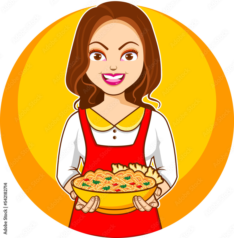 Waitress serves delicious fried noodle dishes Waitress serves delicious fried noodle dishes