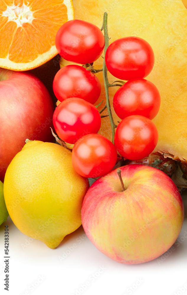 vegetables and fruits isolated on white background. Vertical photo. vegetables and fruits isolated on white background. Vertical photo.