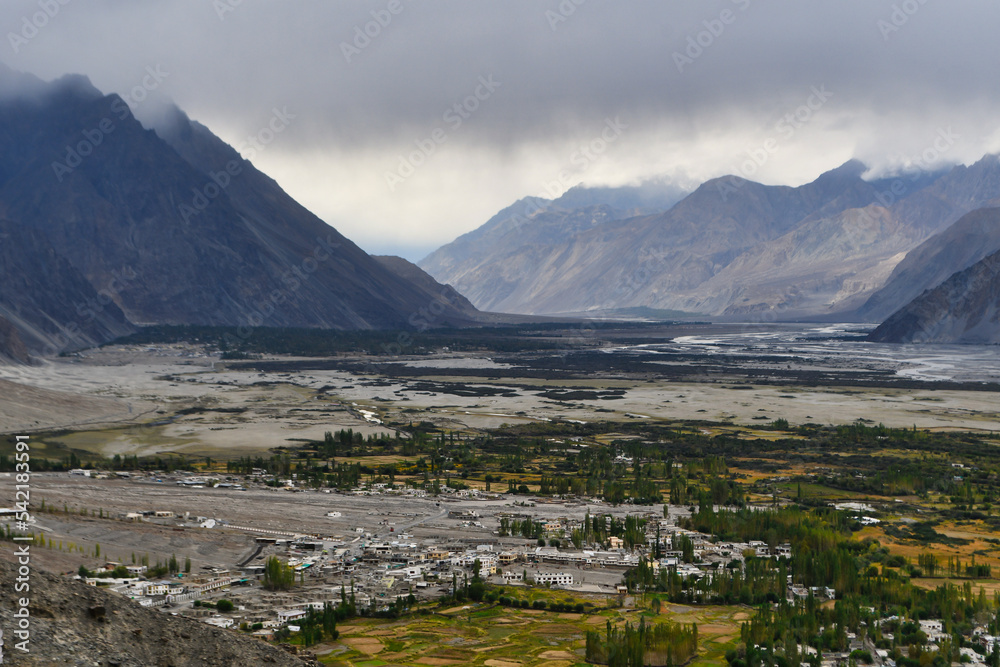 Fototapeta premium Diskit is a village in Nubra Valley, Ladakh. Diskit Monastery is the oldest and largest Buddhist monastery in Diskit. Hundar is a village in Nubra Valley famous for Sand dunes, Bactrian camels.