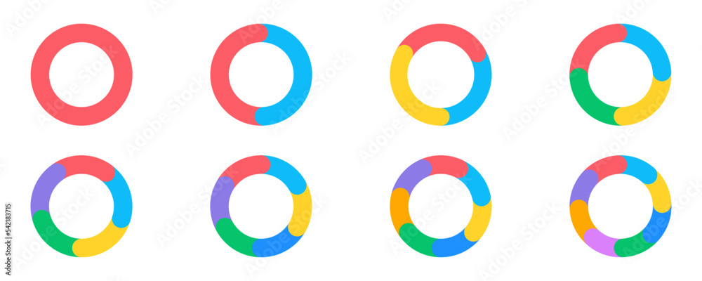 Set of pie chart vector. Circle diagram from 1 to 8 section or steps. Graph from segments. Progress color wheel. Set of pie chart vector. Circle diagram from 1 to 8 section or steps. Graph from segments. Progress color wheel.